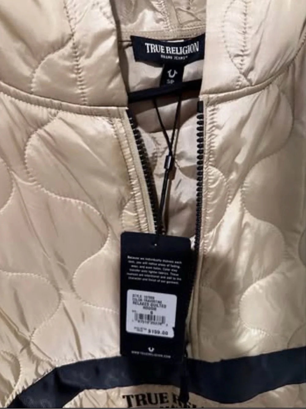 Brand New True Religion Tan Quilted Hooded Pullover with Black Chest Band